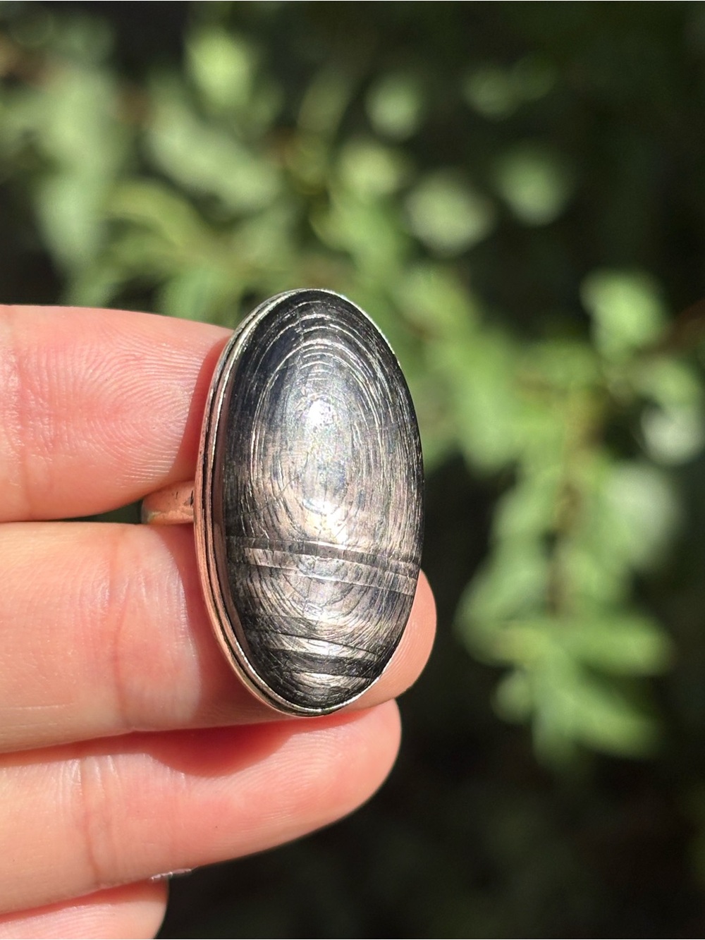Sterling Silver Oval Black/Gray Stone Ring
